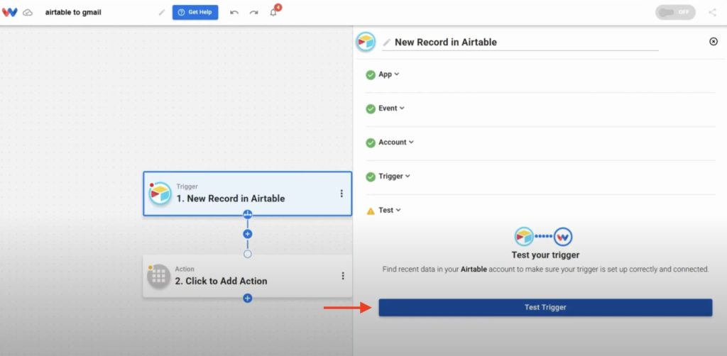 Clicking "Test Trigger" to confirm Airtable integration is working