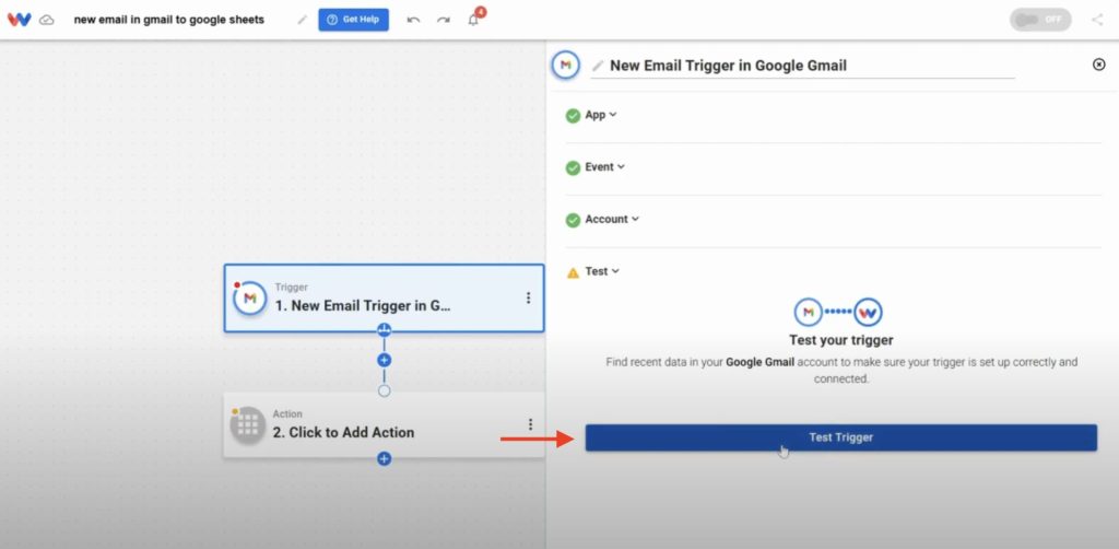 Testing the Gmail trigger to verify that new email data can be pulled into Workload.