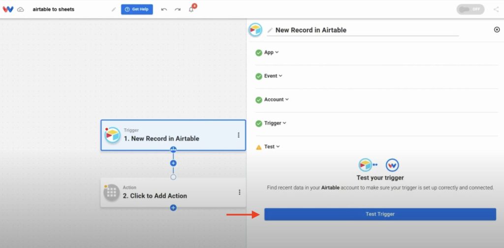 Clicking Test Trigger to pull in sample Airtable data.