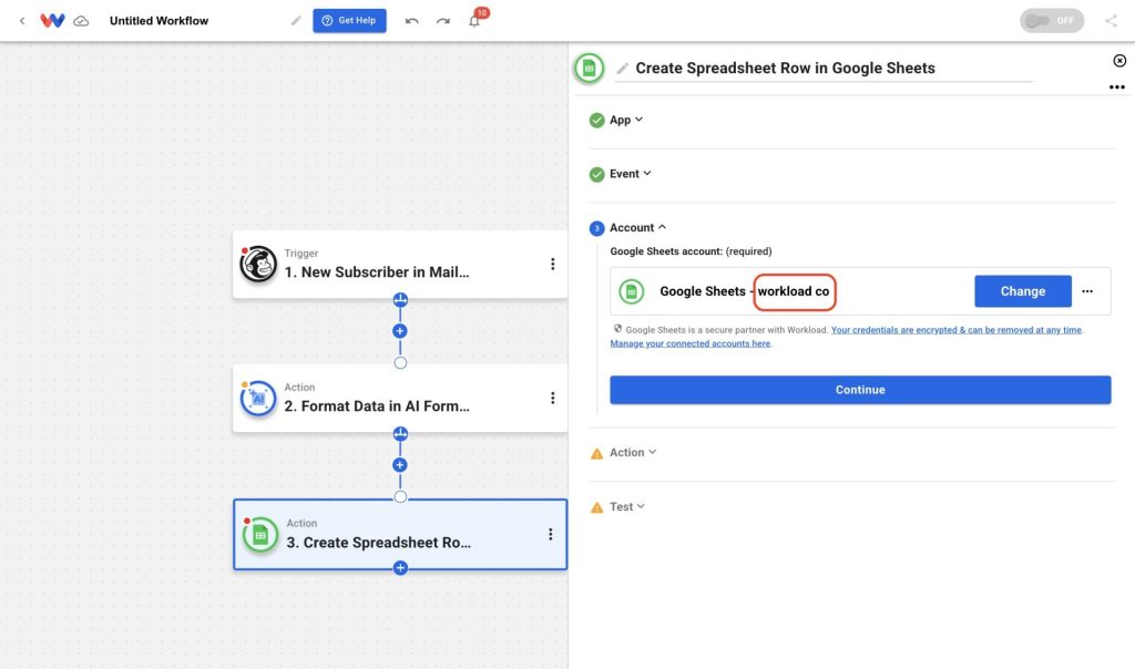 Dropdown showing a successful attempt to Link a Google Sheets Account to Workload