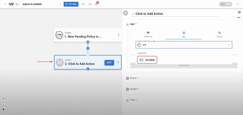 In the Action step, search for Airtable and select it as the connected app.