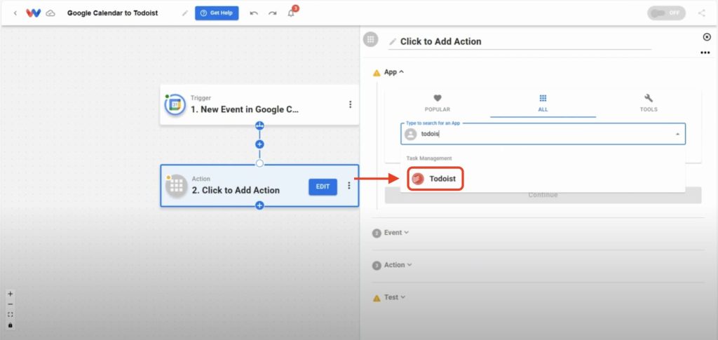 Editor view of Workload platform with red arrow pointing to Todoist app name in the App Selection dorpdown.