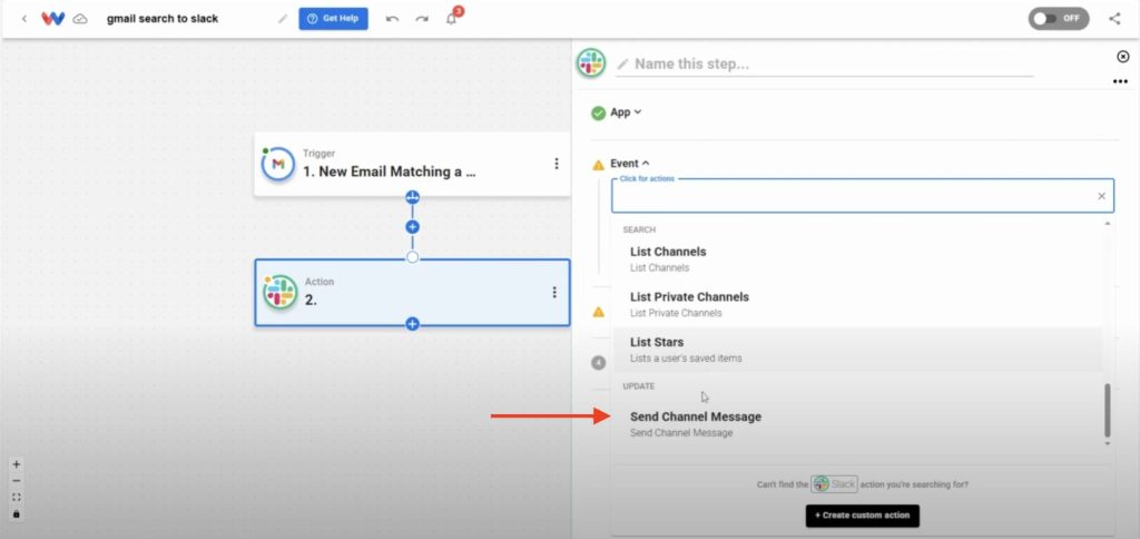 Editor view of Workload platform with a red arrow pointing to "Send Channel Message" in the Event menu.