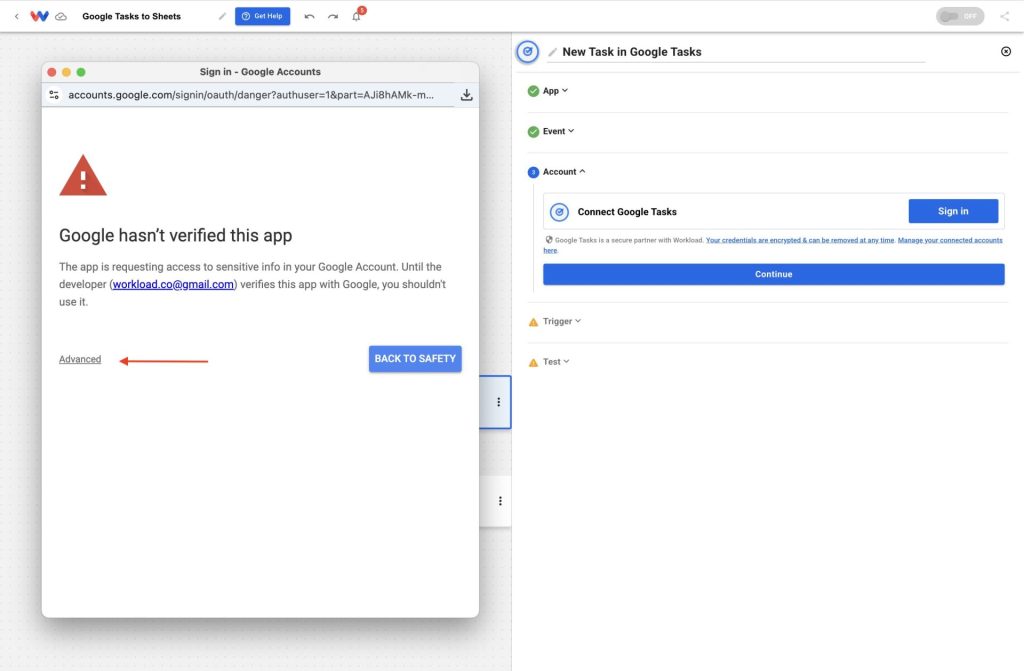 Clicking âAdvancedâ to manually approve Google account access