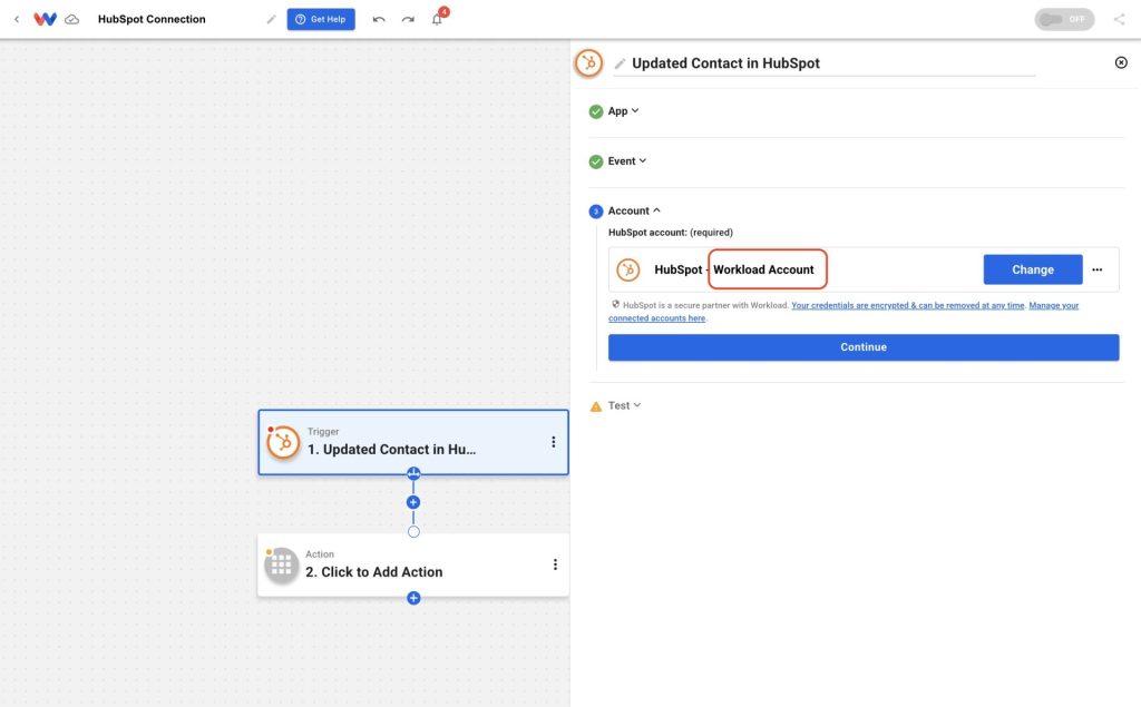 You’ve successfully Connected HubSpot to Workload—your account is now linked in the workflow.