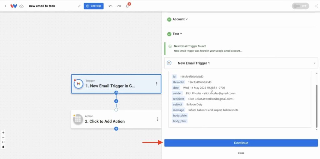 View and confirm sample email details like subject, sender, and message body before mapping fields.