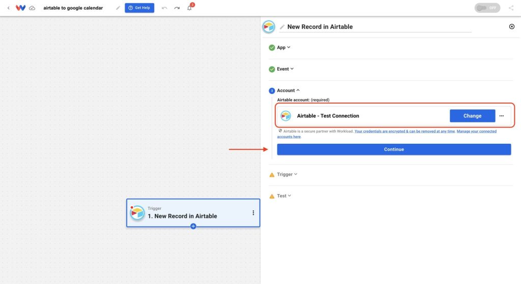 After connecting Airtable, click Continue to proceed with setup in Workload