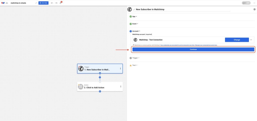 Click Continue to finalize the Mailchimp connection and proceed to the next workflow step.