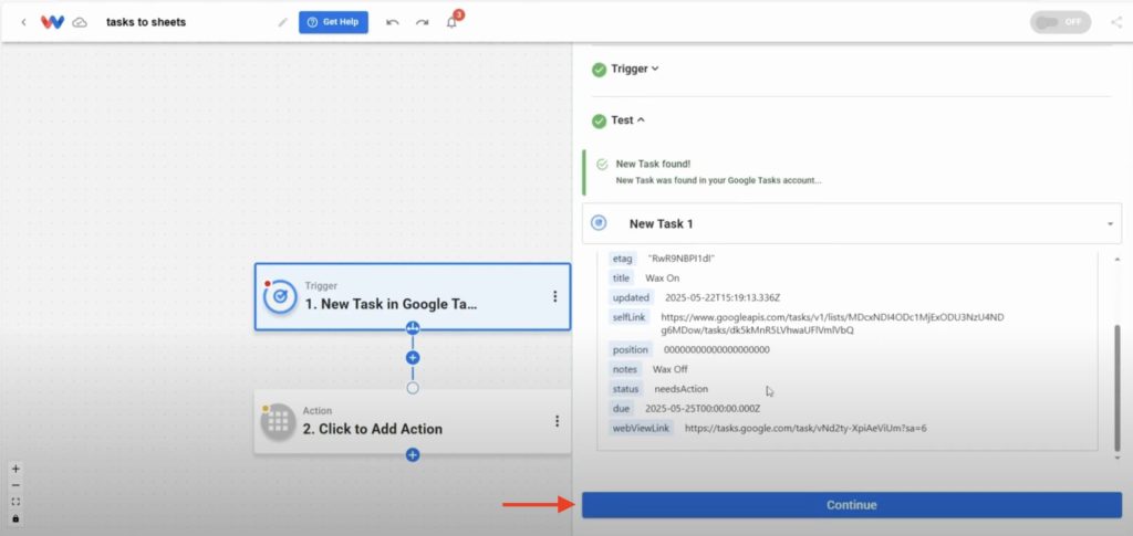 Continuing to the next step after Google Tasks trigger is tested