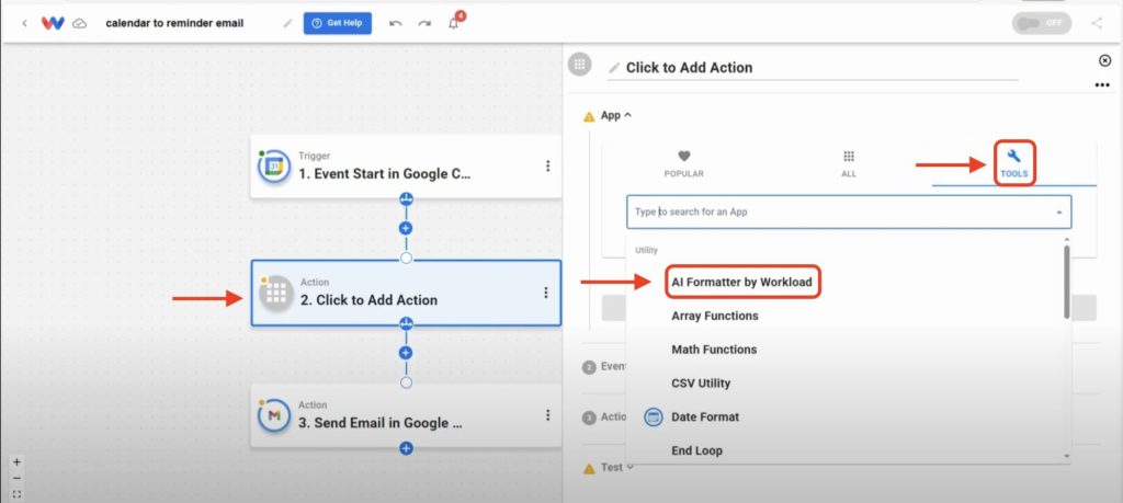 Editor view of Workload platform with red arrows pointing to Step 2, Tools menu, and App selection.