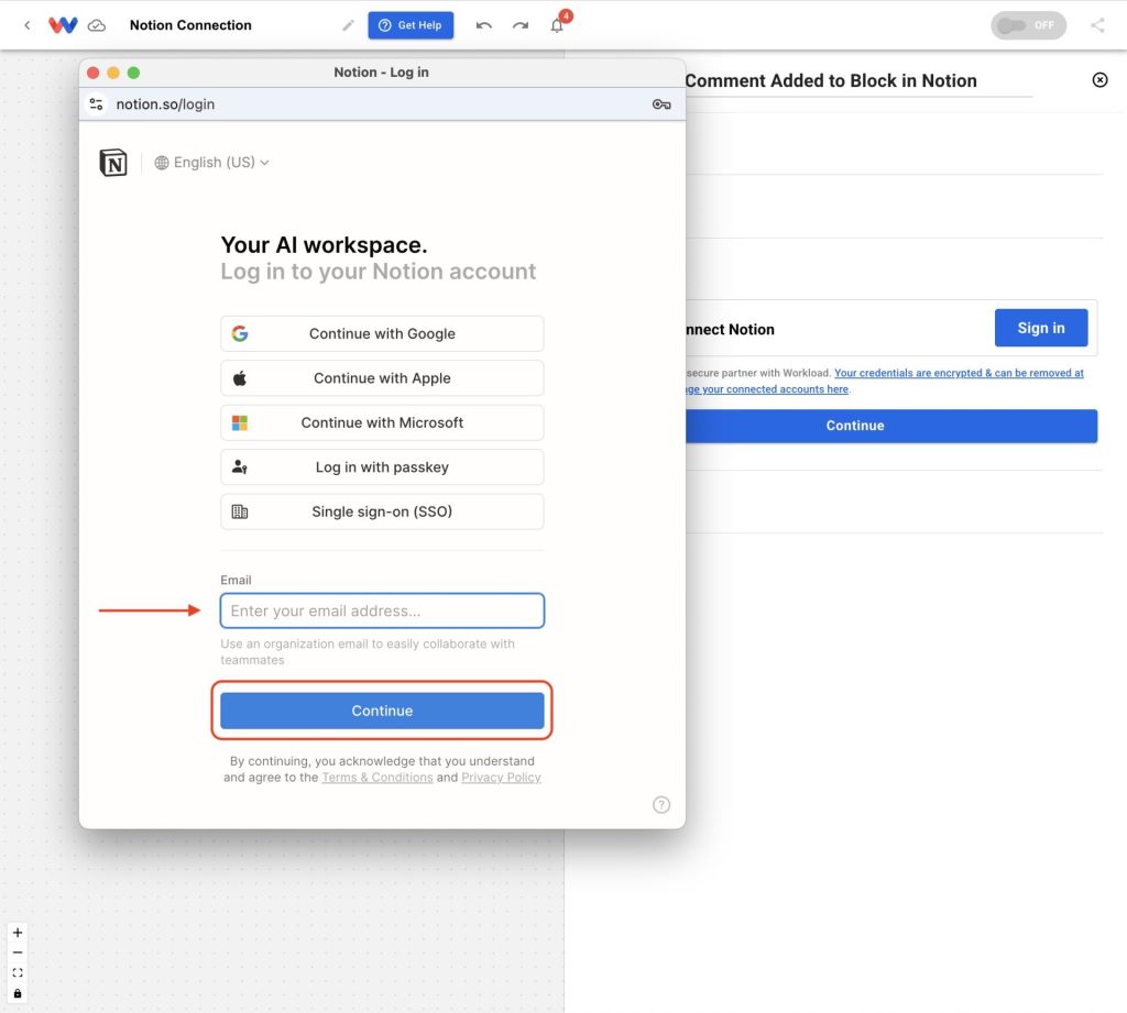 Notion login window requesting email address within the workflow step.