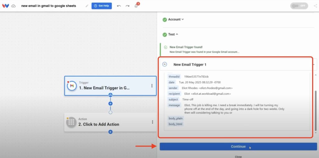 Workload displays a successful test response from Gmail, showing full email data captured by the trigger step.