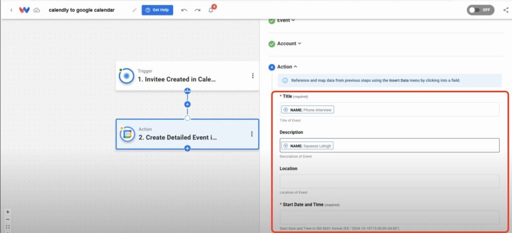 Editor view of Workload platform with red box around the fields to be mapped for the Google Calendar step.