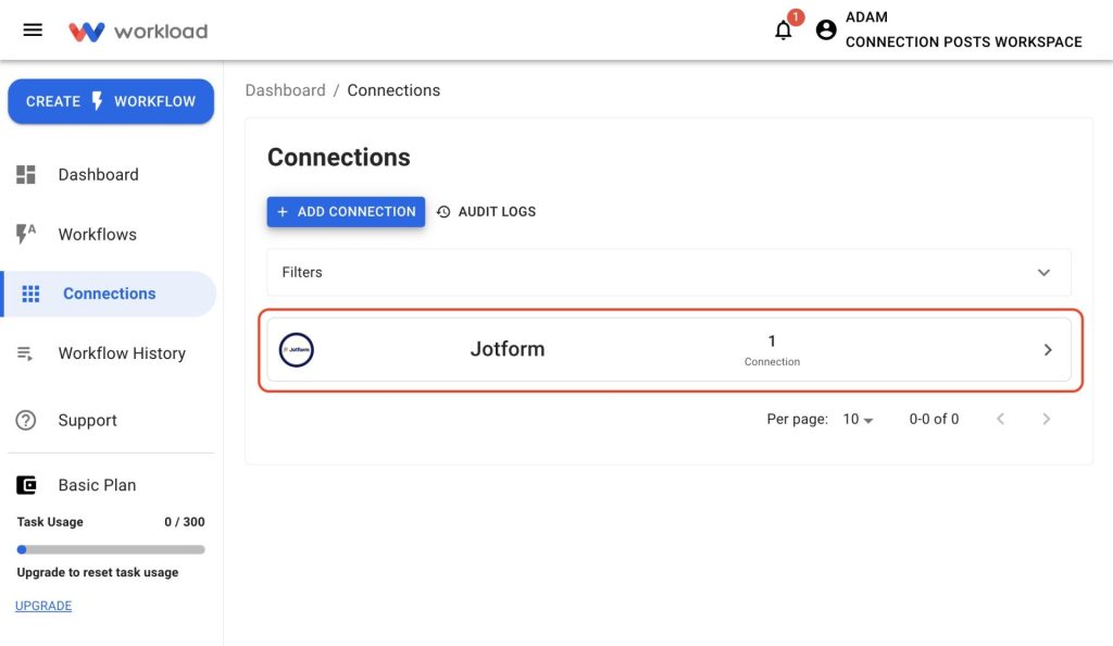 View your new Jotform connection listed under active connections in Workload