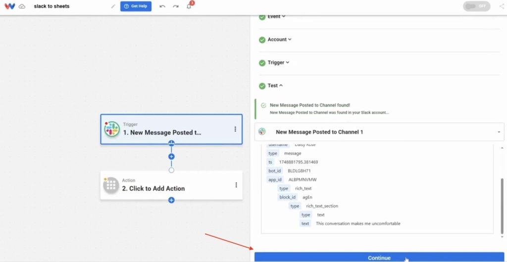 Review the data returned from Slack, including message text, user, timestamp, and channel ID.