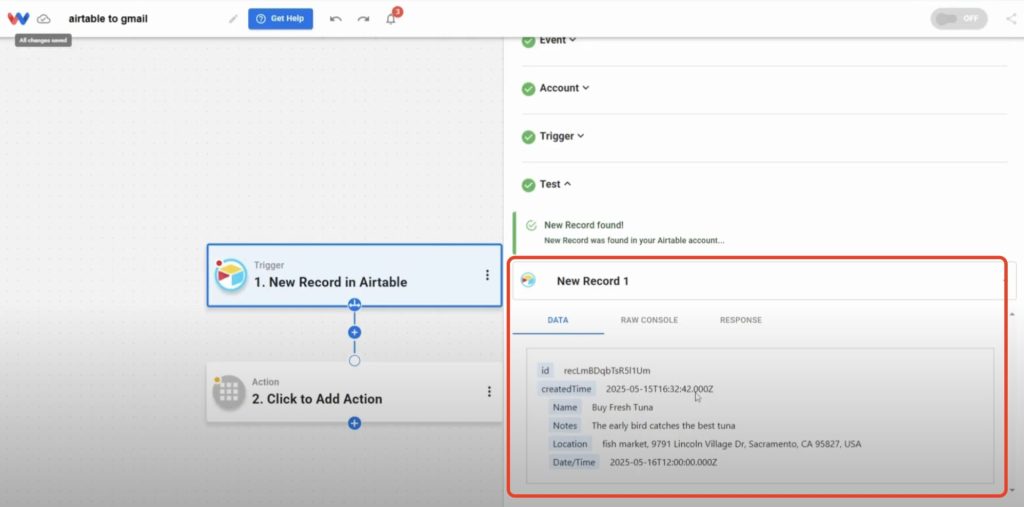 Workload confirms a new Airtable record with sample data including name, notes, location, and date