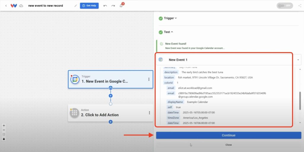 Event data preview showing description, location, and start time after test trigger and arrow pointing to continue button.
