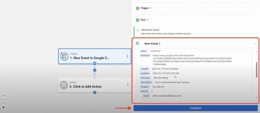 Event details successfully pulled from Google Calendar including title, description, and time.