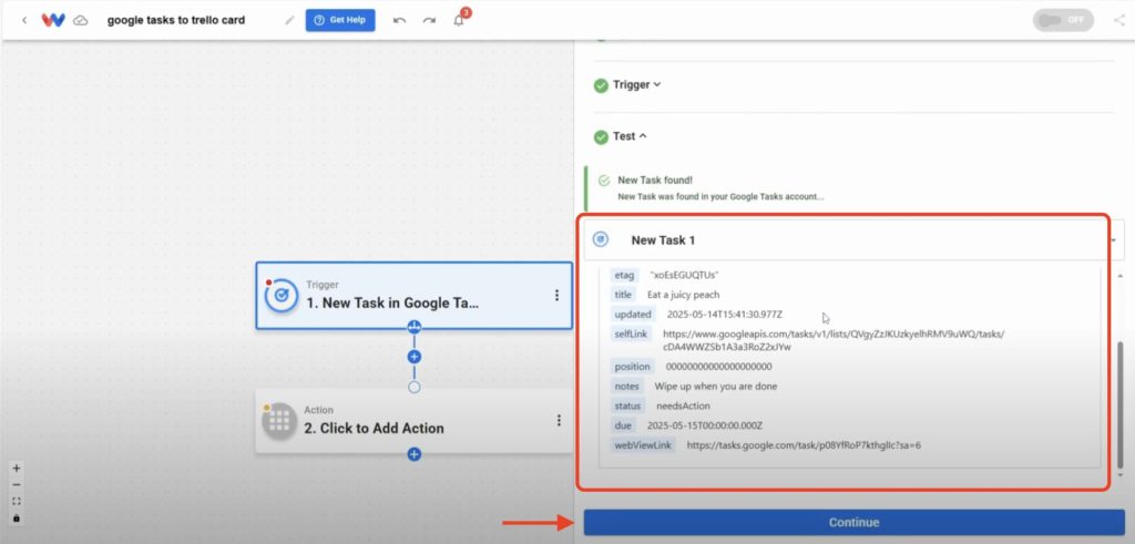 A new task “Eat a juicy peach” retrieved from Google Tasks for building cards from Google Tasks.