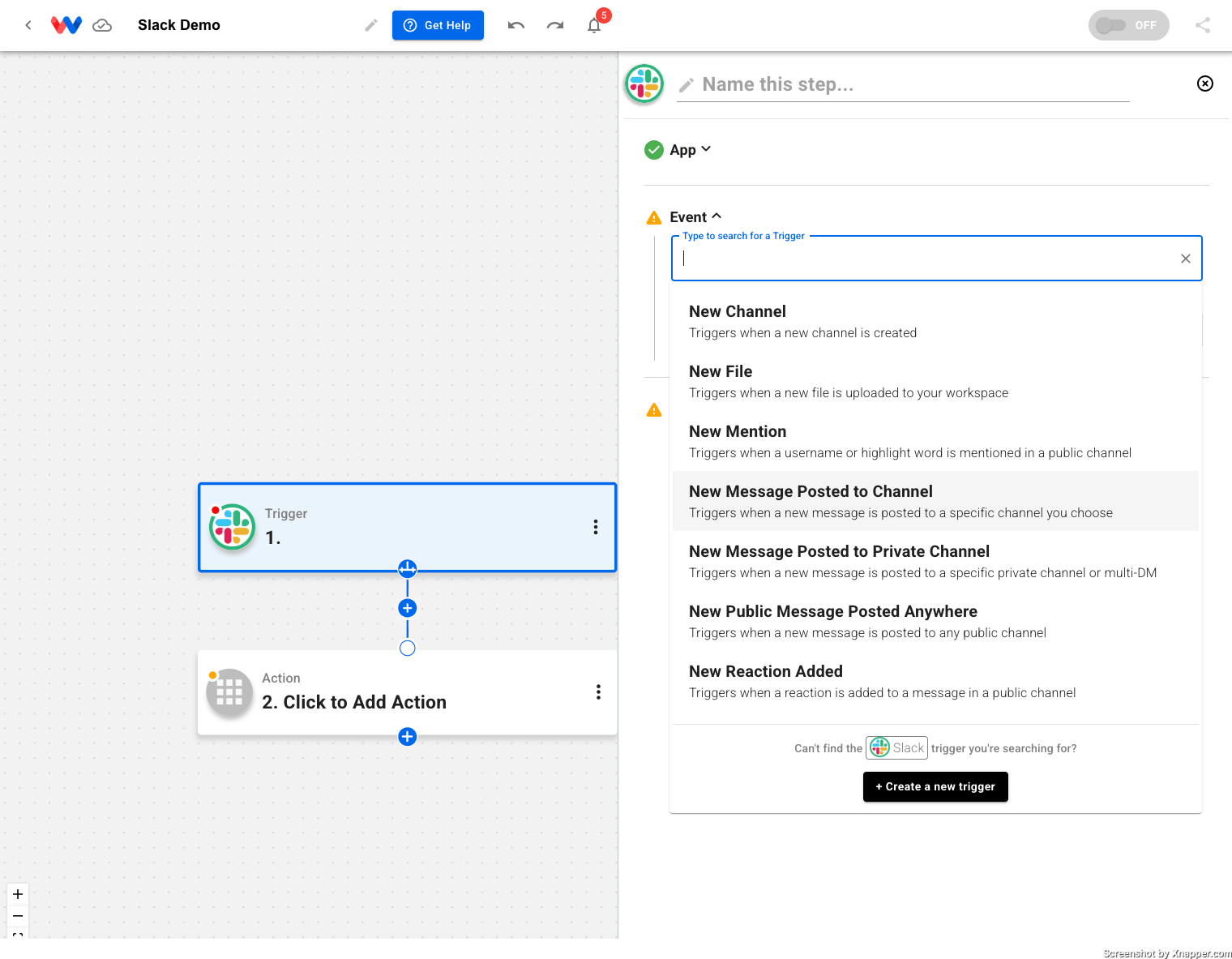 Choose the slack action or event to integrate