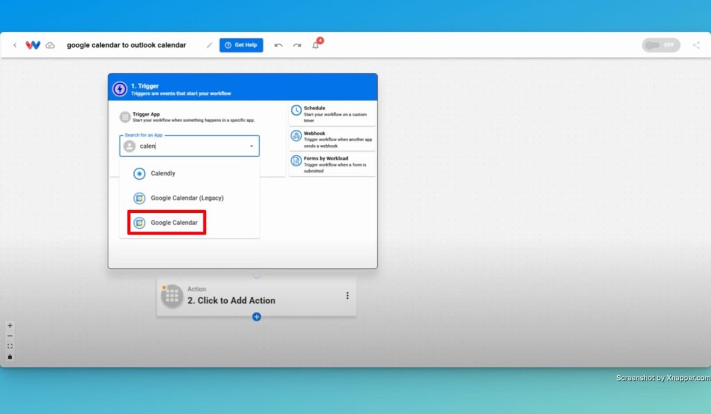 Select Google Calendar as the trigger app.