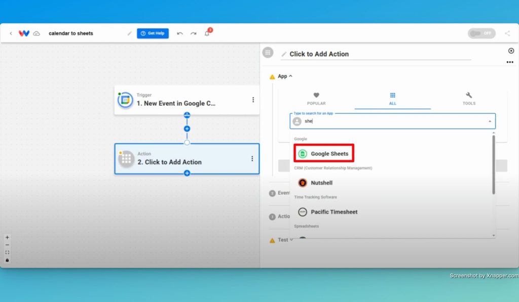 Select Google Sheets as the action app.