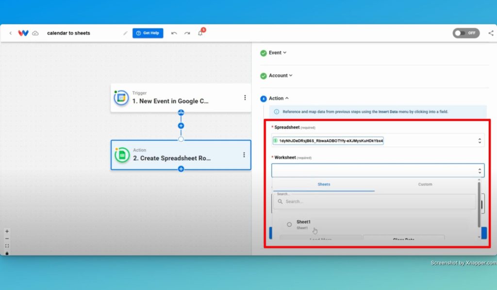 Choose which spreadsheet and worksheet you want to update with the event details.