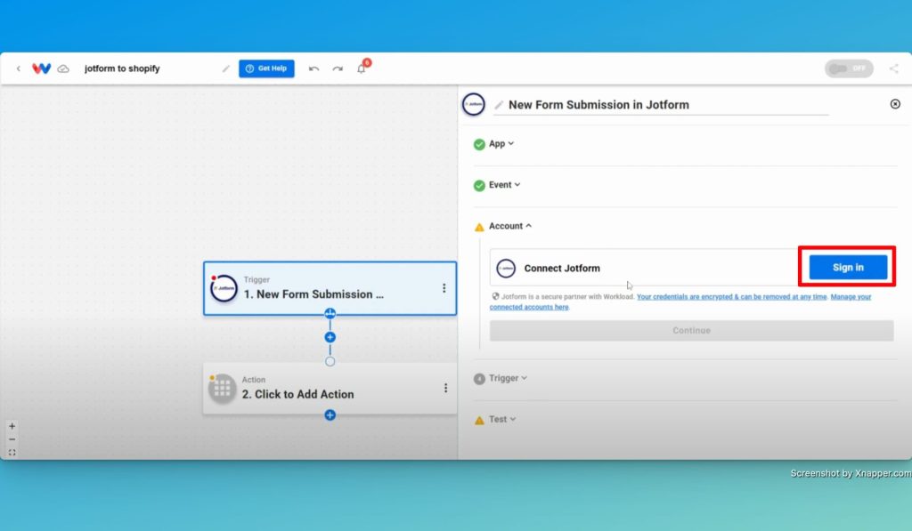 Click Sign in to securely connect your Jotform account to Workload.