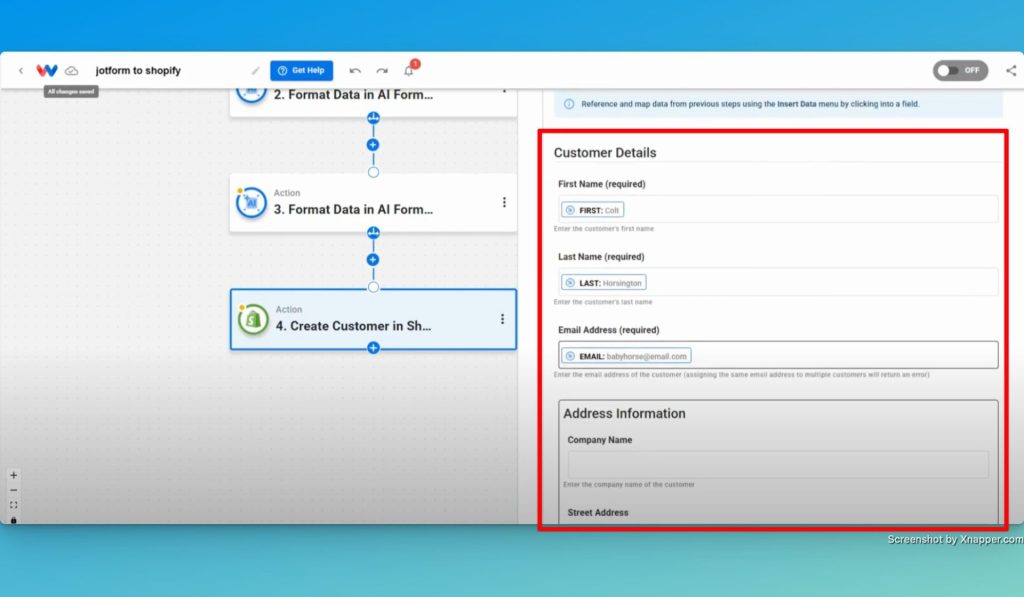 Map the data from the trigger and formatter steps into the Create Customer step.