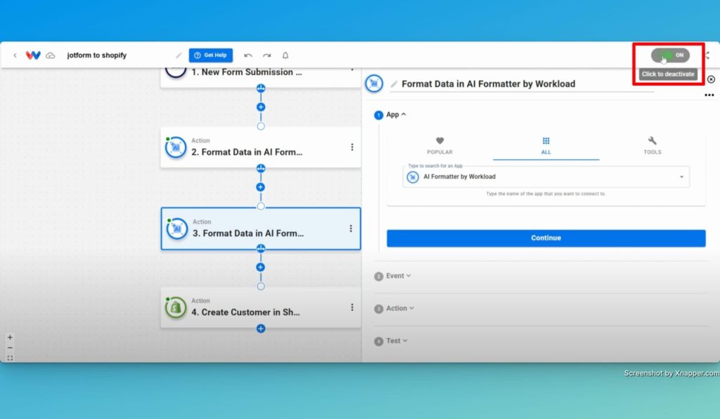 Click the toggle to On to activate your new Create Shopify Customers from Jotform Responses workflow.