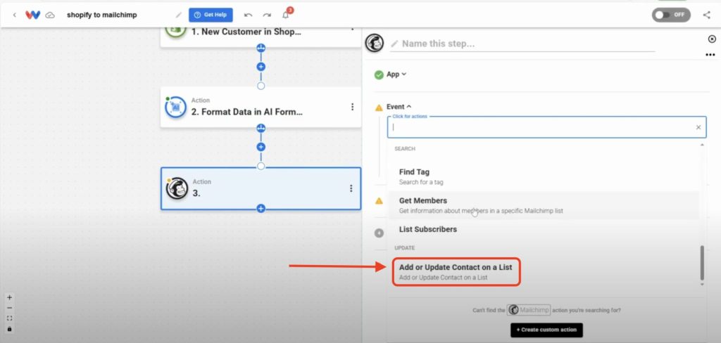 Select "Add or Update Contact on a List" from the dropdown menu.