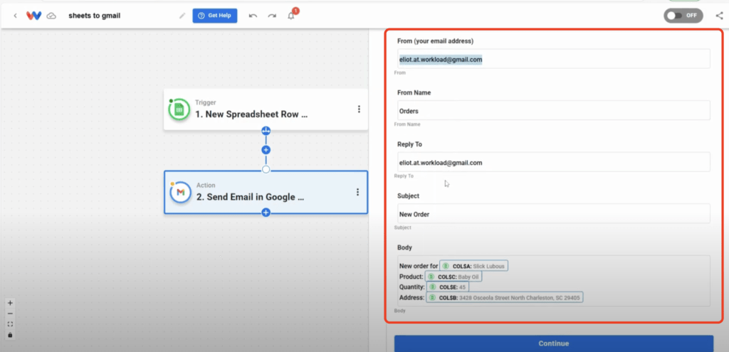 Customize the email you want sent by mapping the data from the trigger into the email fields.