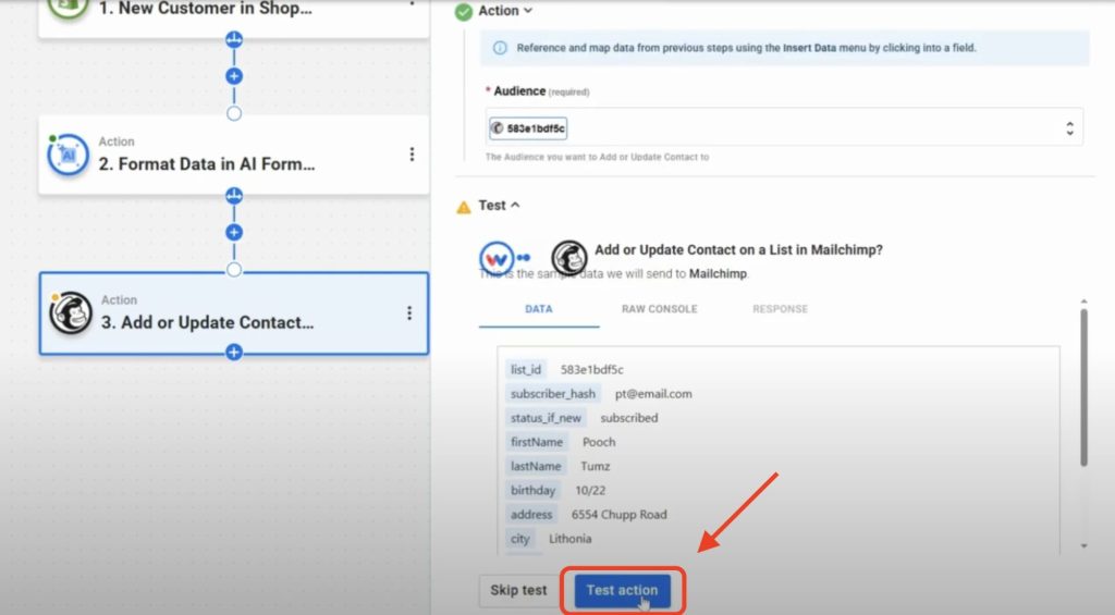 Test the final action of the Shopify Mailchimp Contact Sync workflow.
