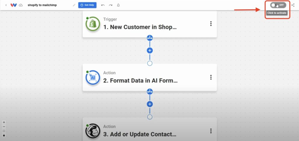 Click the On/Off toggle to activate the Shopify Mailchimp Contact Sync workflow.