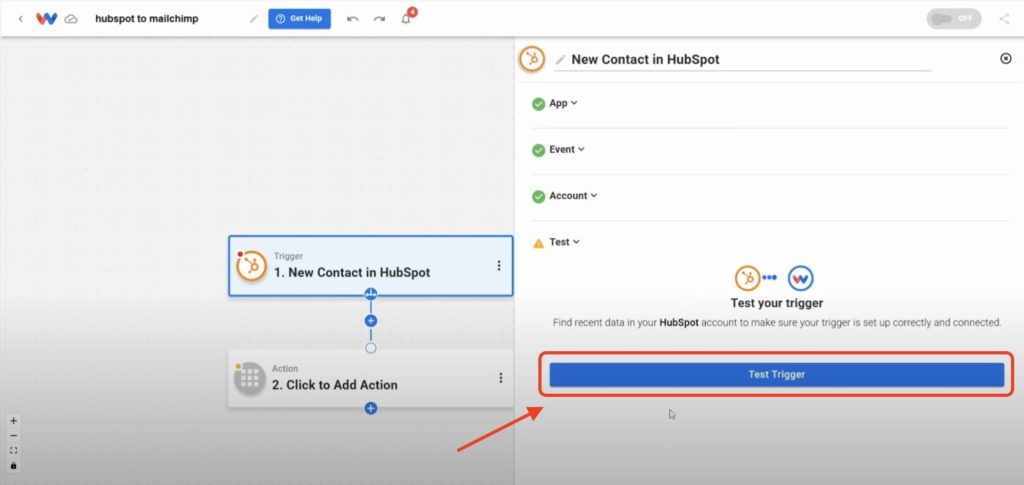 Test the HubSpot trigger of the HubSpot to Mailchimp Sync workflow.