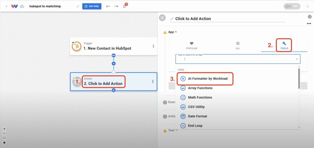 Add an step and choose the AI Formatter utility from the Tools menu.