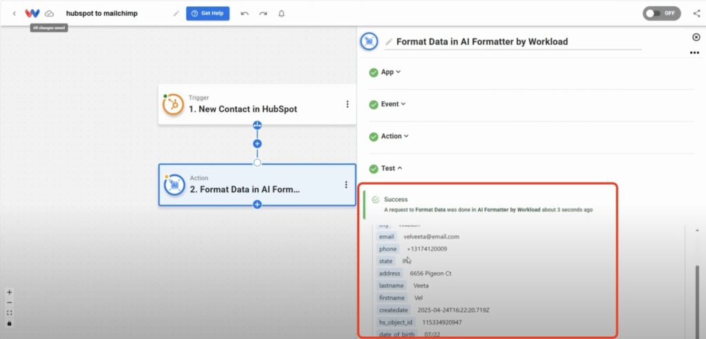 Test the action and verify the formatting results.