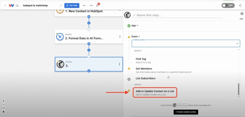 Choose the Add or Update Contact on a List action event.
