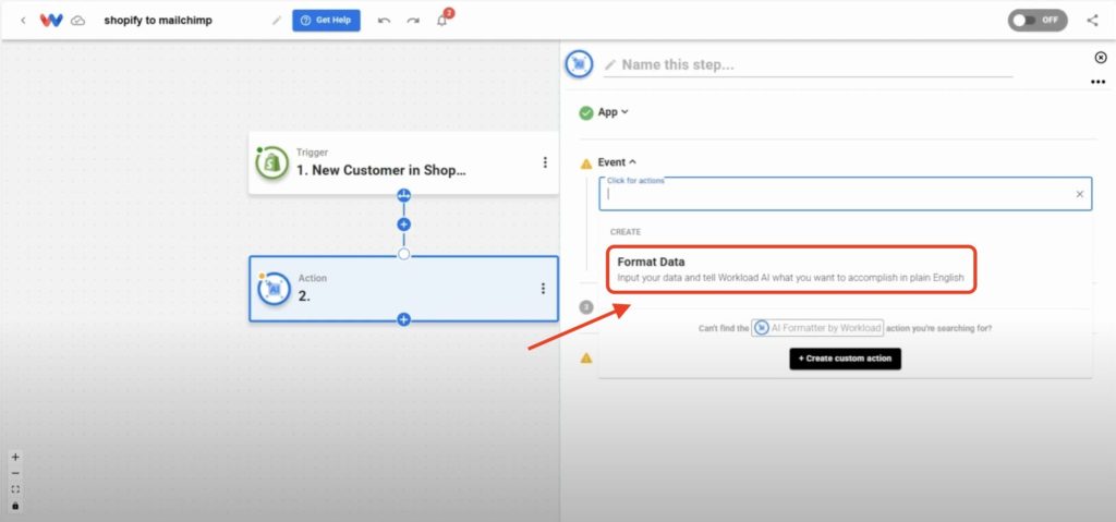 Choose "Format Data" from the event dropdown menu.