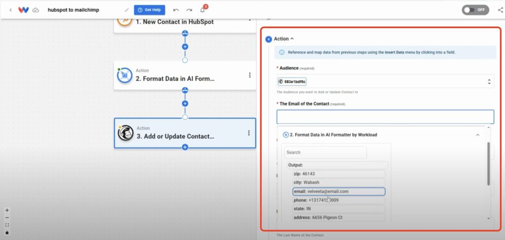 Map the data from the previous steps that you want to add to Mailchimp.