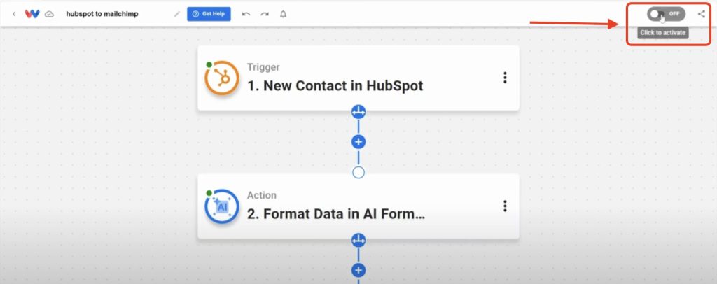 Click the on/off toggle to activate the HubSpot to Mailchimp Sync workflow.