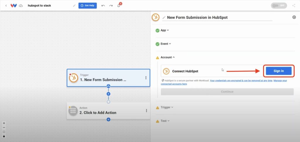 Click Sign in to securely connect your HubSpot account to Workload.