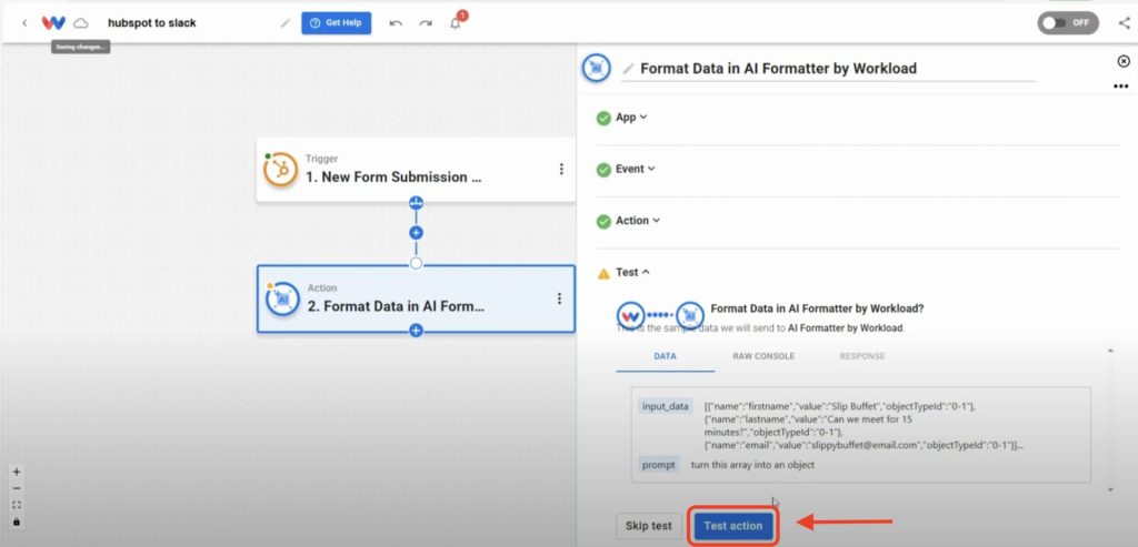Test the AI Formatter by Workload step and make sure the data is formatted correctly.