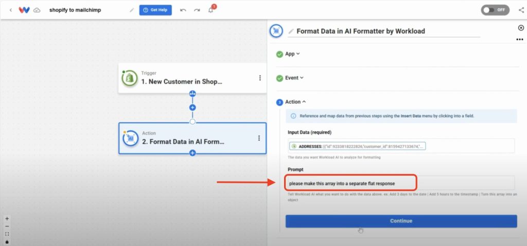 Type in a prompt to flatten the array.