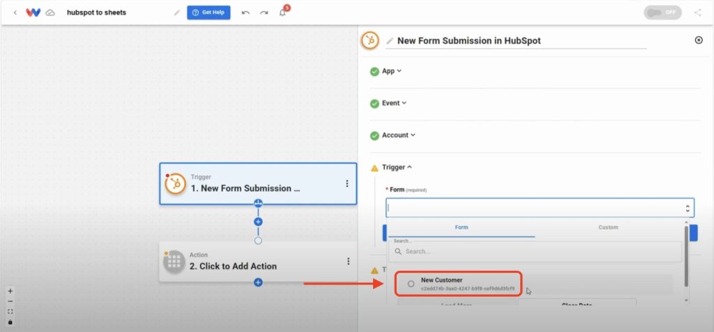 Select the Hubspot form to monitor for responses.