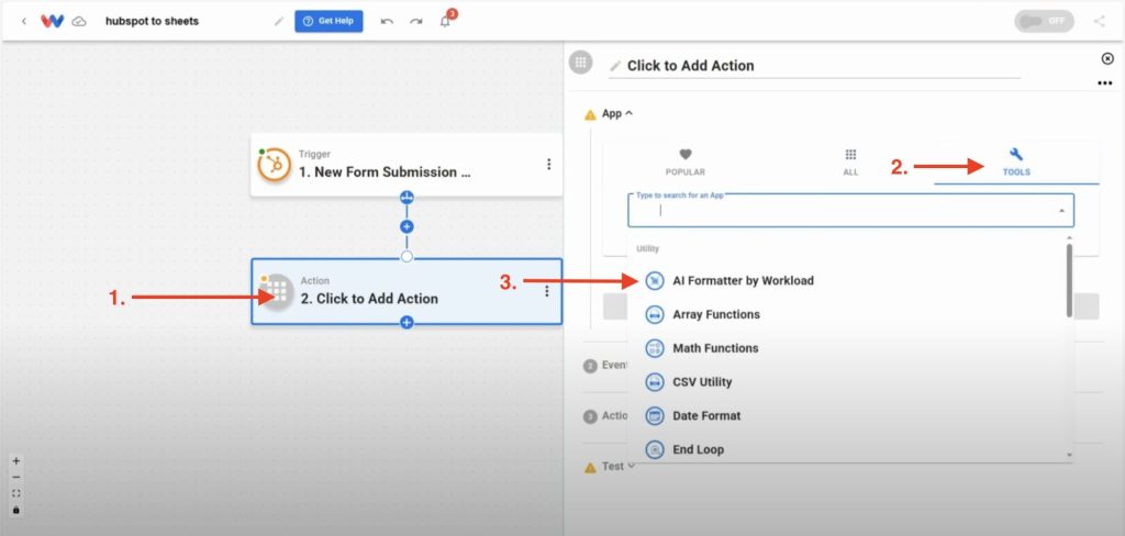 Add an AI Formatter by Workload step from the TOOLS menu.