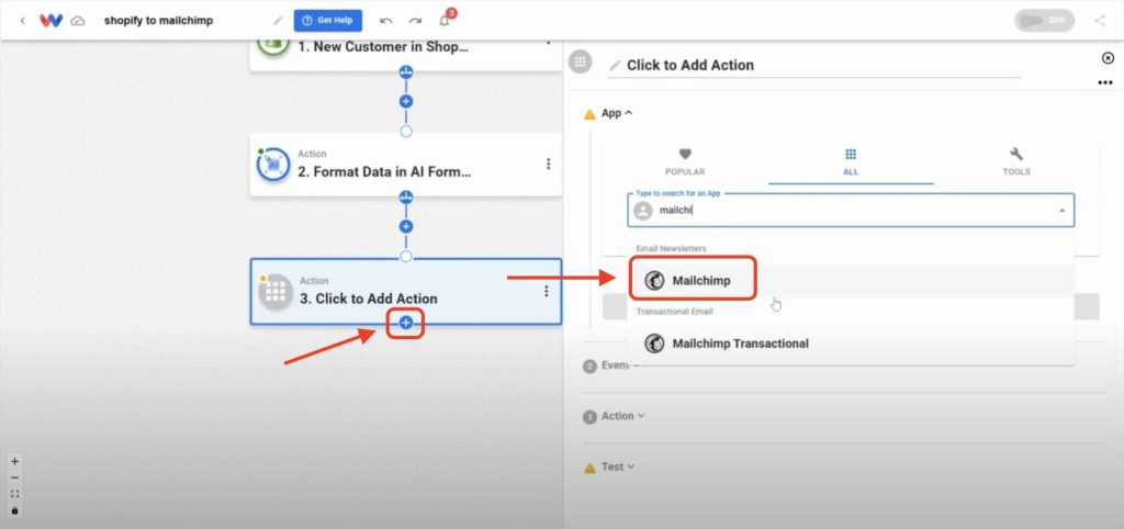 Click the + to add a Mailchimp action.
