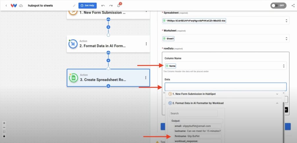 Map the column names and data you want.