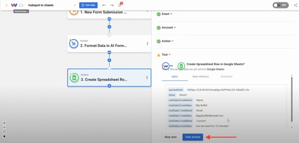 Test the Google Sheets action.