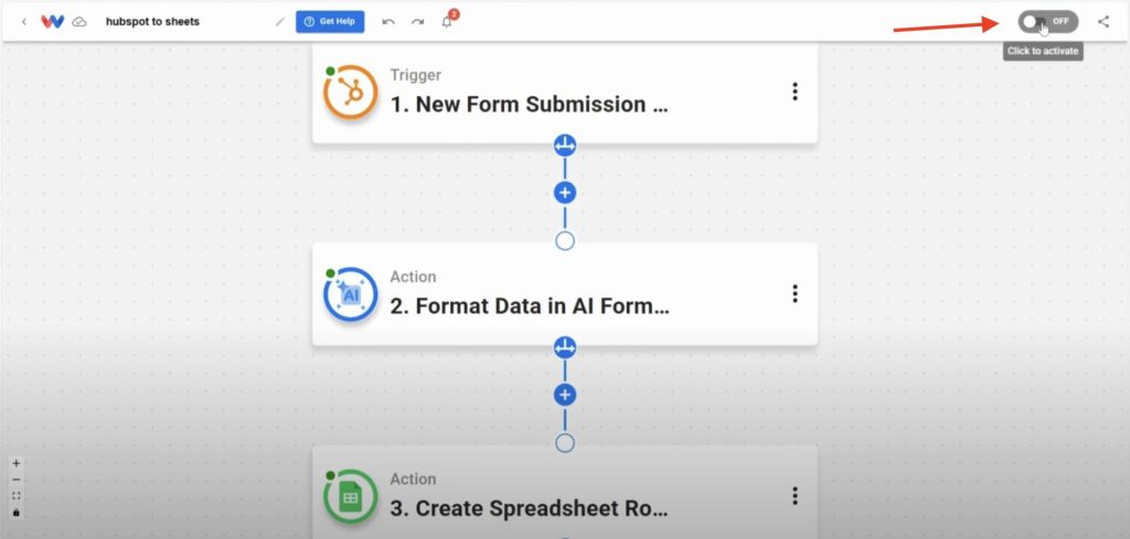 Click the On/Off toggle to activate the new HubSpot Form Submissions to Google Sheets workflow.